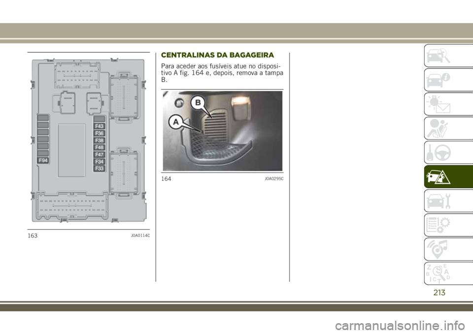 JEEP RENEGADE 2018  Manual de Uso e Manutenção (in Portuguese) CENTRALINAS DA BAGAGEIRA
Para aceder aos fusíveis atue no disposi-
tivo A fig. 164 e, depois, remova a tampa
B.
163J0A0114C
164J0A0295C
213 