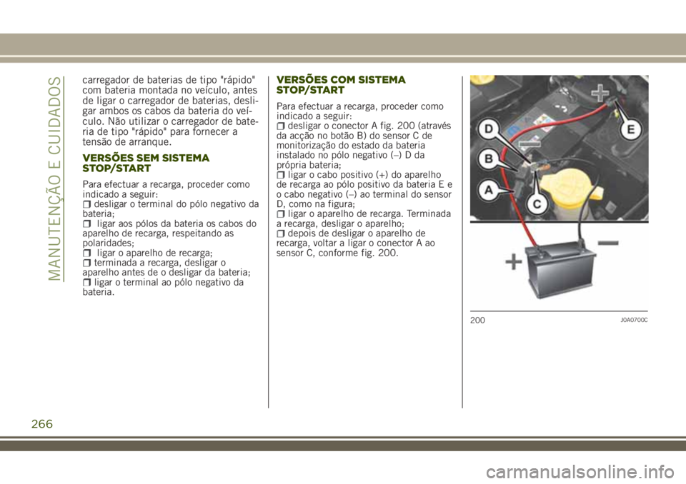 JEEP RENEGADE 2018 Manual de Uso e Manutenção (in Portuguese) carregador de baterias de tipo "rápido"
com bateria montada no veículo, antes
de ligar o carregador de baterias, desli-
gar ambos os cabos da bateria do veí-
culo. Não utilizar o carregado JEEP RENEGADE 2018 Manual de Uso e Manutenção (in Portuguese) carregador de baterias de tipo "rápido"
com bateria montada no veículo, antes
de ligar o carregador de baterias, desli-
gar ambos os cabos da bateria do veí-
culo. Não utilizar o carregado