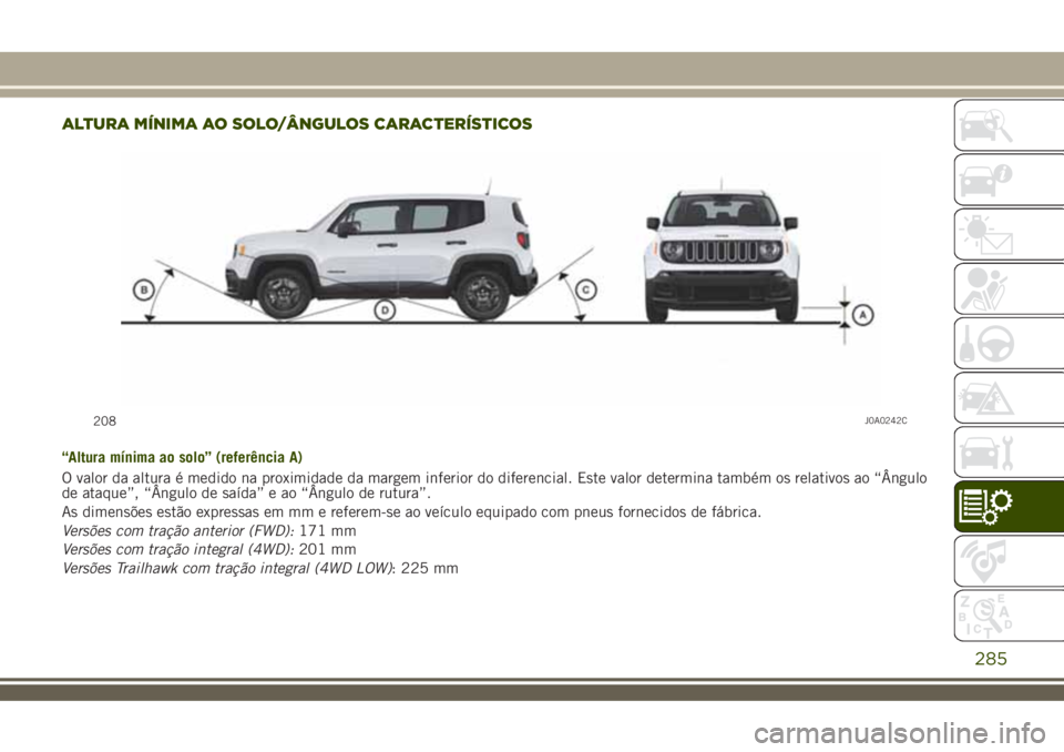 JEEP RENEGADE 2018  Manual de Uso e Manutenção (in Portuguese) ALTURA MÍNIMA AO SOLO/ÂNGULOS CARACTERÍSTICOS
“Altura mínima ao solo” (referência A)
O valor da altura é medido na proximidade da margem inferior do diferencial. Este valor determina também
