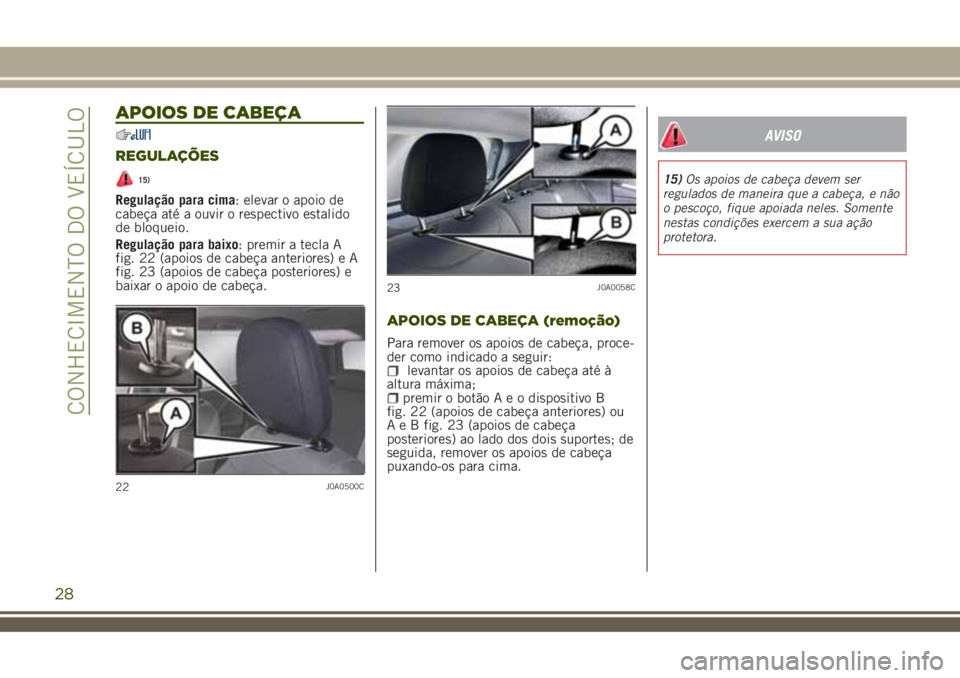 JEEP RENEGADE 2018 Manual de Uso e Manutenção (in Portuguese) APOIOS DE CABEÇA
REGULAÇÕES
15)
Regulação para cima: elevar o apoio de
cabeça até a ouvir o respectivo estalido
de bloqueio.
Regulação para baixo: premir a tecla A
fig. 22 (apoios de cabeça JEEP RENEGADE 2018 Manual de Uso e Manutenção (in Portuguese) APOIOS DE CABEÇA
REGULAÇÕES
15)
Regulação para cima: elevar o apoio de
cabeça até a ouvir o respectivo estalido
de bloqueio.
Regulação para baixo: premir a tecla A
fig. 22 (apoios de cabeça