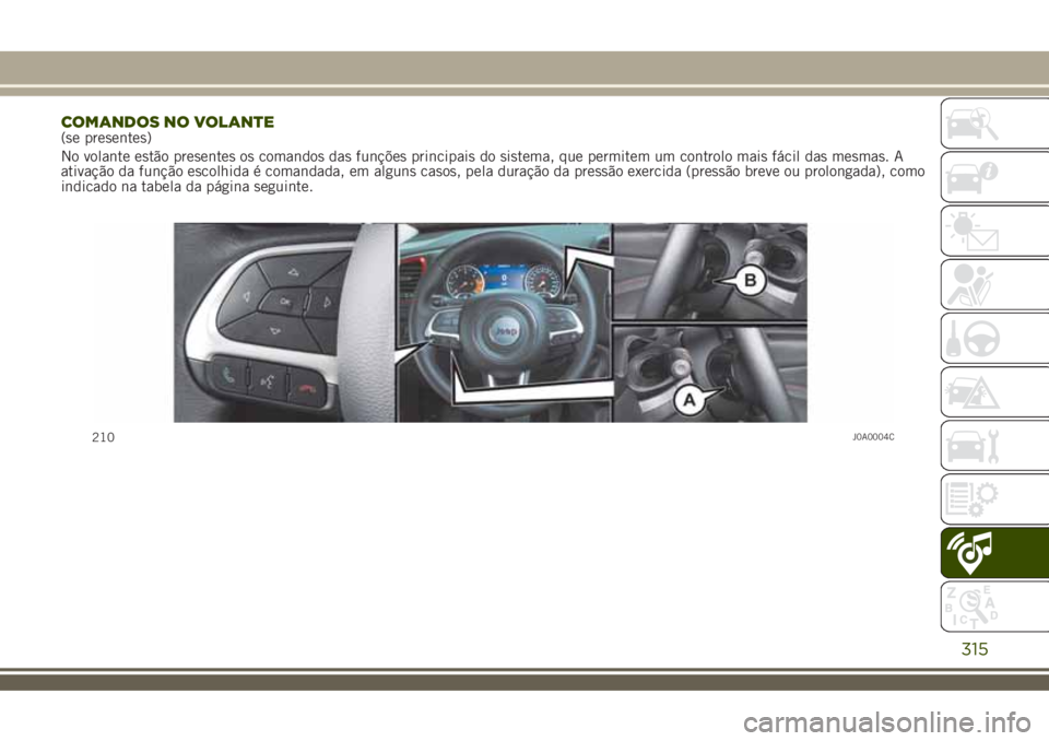 JEEP RENEGADE 2018  Manual de Uso e Manutenção (in Portuguese) COMANDOS NO VOLANTE(se presentes)
No volante estão presentes os comandos das funções principais do sistema, que permitem um controlo mais fácil das mesmas. A
ativação da função escolhida é co