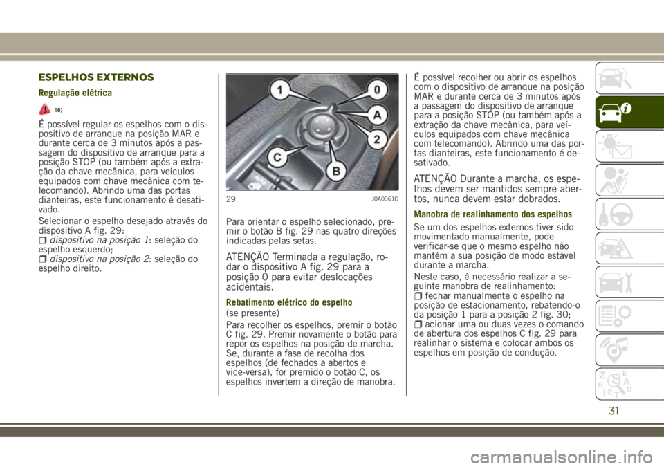 JEEP RENEGADE 2018 Manual de Uso e Manutenção (in Portuguese) ESPELHOS EXTERNOS
Regulação elétrica
18)
É possível regular os espelhos com o dis-
positivo de arranque na posição MAR e
durante cerca de 3 minutos após a pas-
sagem do dispositivo de arranque JEEP RENEGADE 2018 Manual de Uso e Manutenção (in Portuguese) ESPELHOS EXTERNOS
Regulação elétrica
18)
É possível regular os espelhos com o dis-
positivo de arranque na posição MAR e
durante cerca de 3 minutos após a pas-
sagem do dispositivo de arranque