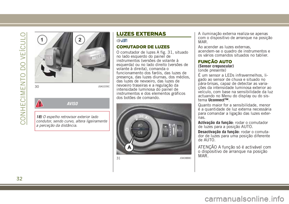 JEEP RENEGADE 2018 Manual de Uso e Manutenção (in Portuguese) AVISO
18)O espelho retrovisor exterior lado
condutor, sendo curvo, altera ligeiramente
a perceção da distância.
LUZES EXTERNAS
COMUTADOR DE LUZES
O comutador de luzes A fig. 31, situado
no lado esq JEEP RENEGADE 2018 Manual de Uso e Manutenção (in Portuguese) AVISO
18)O espelho retrovisor exterior lado
condutor, sendo curvo, altera ligeiramente
a perceção da distância.
LUZES EXTERNAS
COMUTADOR DE LUZES
O comutador de luzes A fig. 31, situado
no lado esq