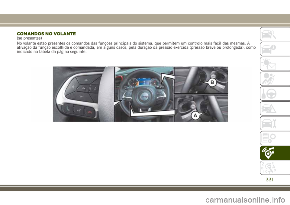 JEEP RENEGADE 2018 Manual de Uso e Manutenção (in Portuguese) COMANDOS NO VOLANTE(se presentes)
No volante estão presentes os comandos das funções principais do sistema, que permitem um controlo mais fácil das mesmas. A
ativação da função escolhida é co JEEP RENEGADE 2018 Manual de Uso e Manutenção (in Portuguese) COMANDOS NO VOLANTE(se presentes)
No volante estão presentes os comandos das funções principais do sistema, que permitem um controlo mais fácil das mesmas. A
ativação da função escolhida é co