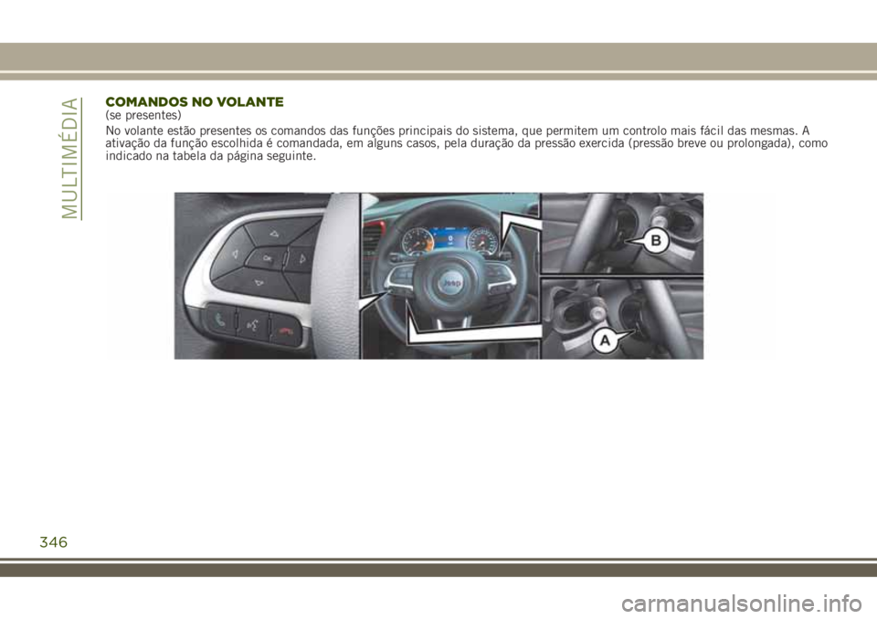 JEEP RENEGADE 2018 Manual de Uso e Manutenção (in Portuguese) COMANDOS NO VOLANTE(se presentes)
No volante estão presentes os comandos das funções principais do sistema, que permitem um controlo mais fácil das mesmas. A
ativação da função escolhida é co JEEP RENEGADE 2018 Manual de Uso e Manutenção (in Portuguese) COMANDOS NO VOLANTE(se presentes)
No volante estão presentes os comandos das funções principais do sistema, que permitem um controlo mais fácil das mesmas. A
ativação da função escolhida é co
