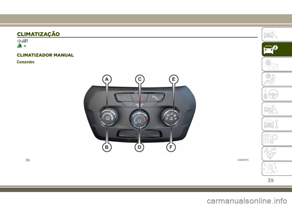 JEEP RENEGADE 2018 Manual de Uso e Manutenção (in Portuguese) CLIMATIZAÇÃO
2)
39
CLIMATIZADOR MANUAL
Comandos
36J0A0897C JEEP RENEGADE 2018 Manual de Uso e Manutenção (in Portuguese) CLIMATIZAÇÃO
2)
39
CLIMATIZADOR MANUAL
Comandos
36J0A0897C