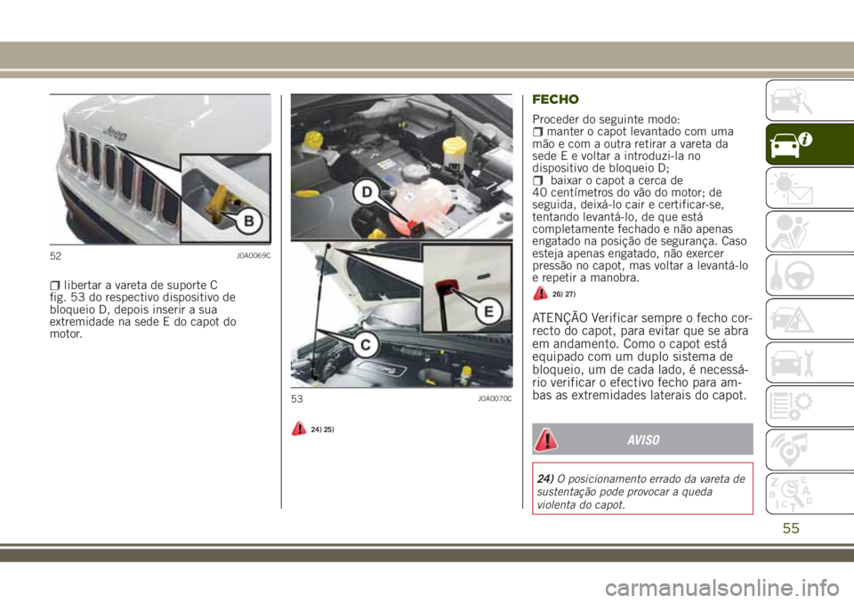 JEEP RENEGADE 2018  Manual de Uso e Manutenção (in Portuguese) libertar a vareta de suporte C
fig. 53 do respectivo dispositivo de
bloqueio D, depois inserir a sua
extremidade na sede E do capot do
motor.
24) 25)
FECHO
Proceder do seguinte modo:manter o capot lev