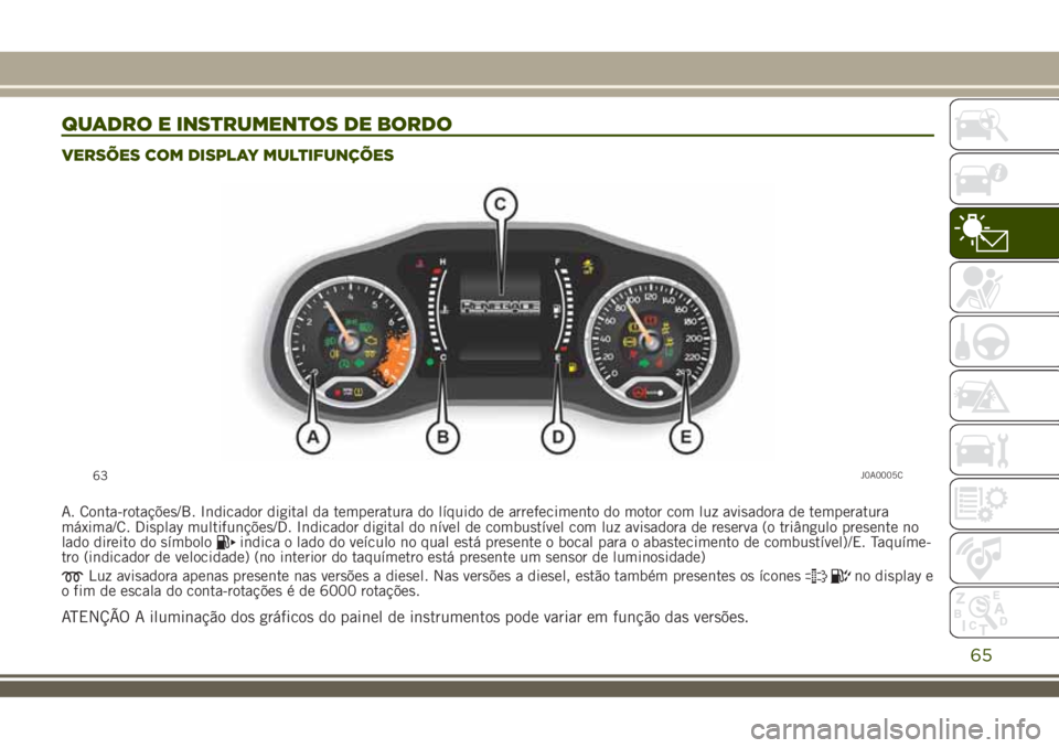 JEEP RENEGADE 2018  Manual de Uso e Manutenção (in Portuguese) QUADRO E INSTRUMENTOS DE BORDO
VERSÕES COM DISPLAY MULTIFUNÇÕES
A. Conta-rotações/B. Indicador digital da temperatura do líquido de arrefecimento do motor com luz avisadora de temperatura
máxim