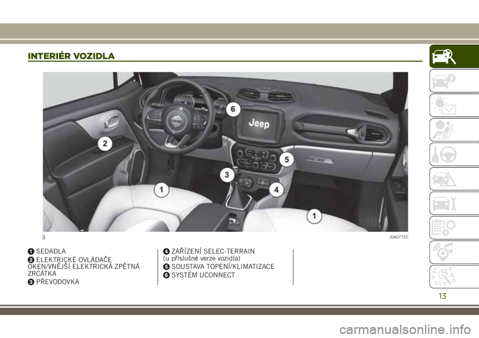 JEEP RENEGADE 2018  Návod k použití a údržbě (in Czech) INTERIÉR VOZIDLA
SEDADLA
ELEKTRICKÉ OVLÁDAČE
OKEN/VNĚJŠÍ ELEKTRICKÁ ZPĚTNÁ
ZRCÁTKA
PŘEVODOVKA
ZAŘÍZENÍ SELEC-TERRAIN
(u příslušné verze vozidla)
SOUSTAVA TOPENÍ/KLIMATIZACE
SYSTÉM