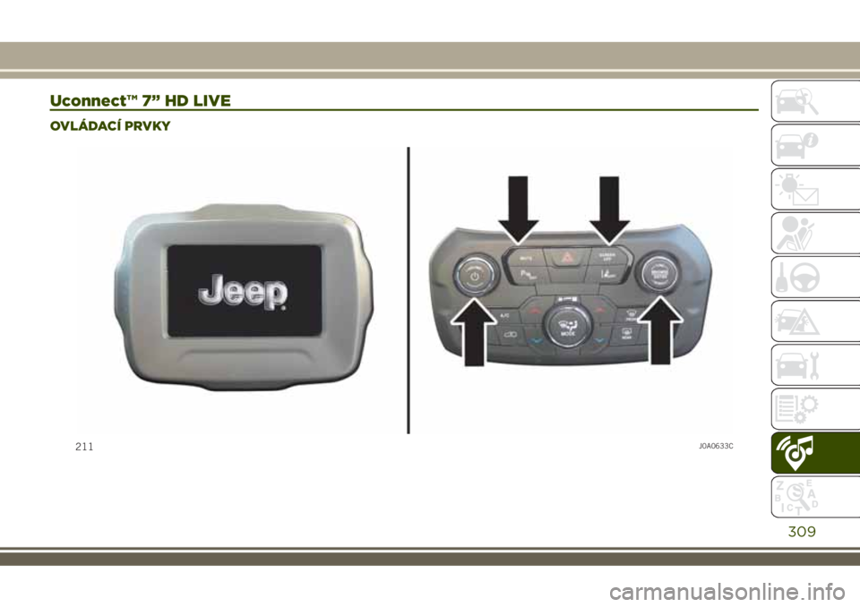 JEEP RENEGADE 2018 Návod k použití a údržbě (in Czech) Uconnect™ 7” HD LIVE
OVLÁDACÍ PRVKY
211J0A0633C
309 JEEP RENEGADE 2018 Návod k použití a údržbě (in Czech) Uconnect™ 7” HD LIVE
OVLÁDACÍ PRVKY
211J0A0633C
309
