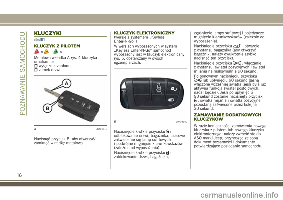 JEEP RENEGADE 2018  Instrukcja obsługi (in Polish) KLUCZYKI
KLUCZYK Z PILOTEM
1)1)1)
Metalowa wkładka A rys. 4 kluczyka
uruchamia:
wyłącznik zapłonu;zamek drzwi.
Nacisnąć przycisk B, aby otworzyć/
zamknąć wkładkę metalową.
KLUCZYK ELEKTRON