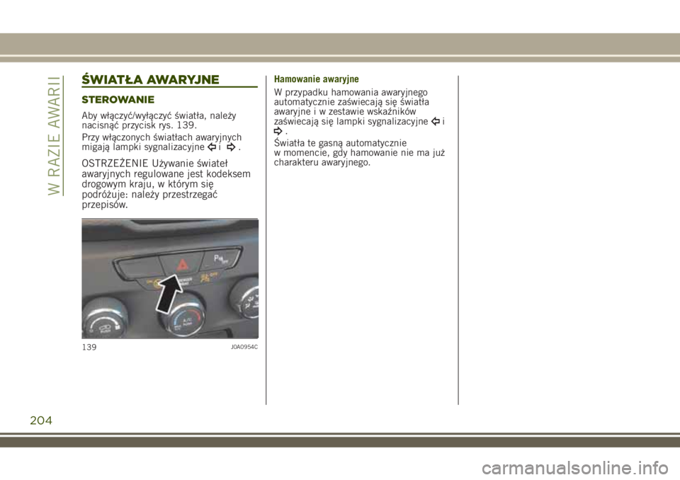 JEEP RENEGADE 2018 Instrukcja obsługi (in Polish) ŚWIATŁA AWARYJNE
STEROWANIE
Aby włączyć/wyłączyć światła, należy
nacisnąć przycisk rys. 139.
Przy włączonych światłach awaryjnych
migają lampki sygnalizacyjne
i.
OSTRZEŻENIE Używan JEEP RENEGADE 2018 Instrukcja obsługi (in Polish) ŚWIATŁA AWARYJNE
STEROWANIE
Aby włączyć/wyłączyć światła, należy
nacisnąć przycisk rys. 139.
Przy włączonych światłach awaryjnych
migają lampki sygnalizacyjne
i.
OSTRZEŻENIE Używan