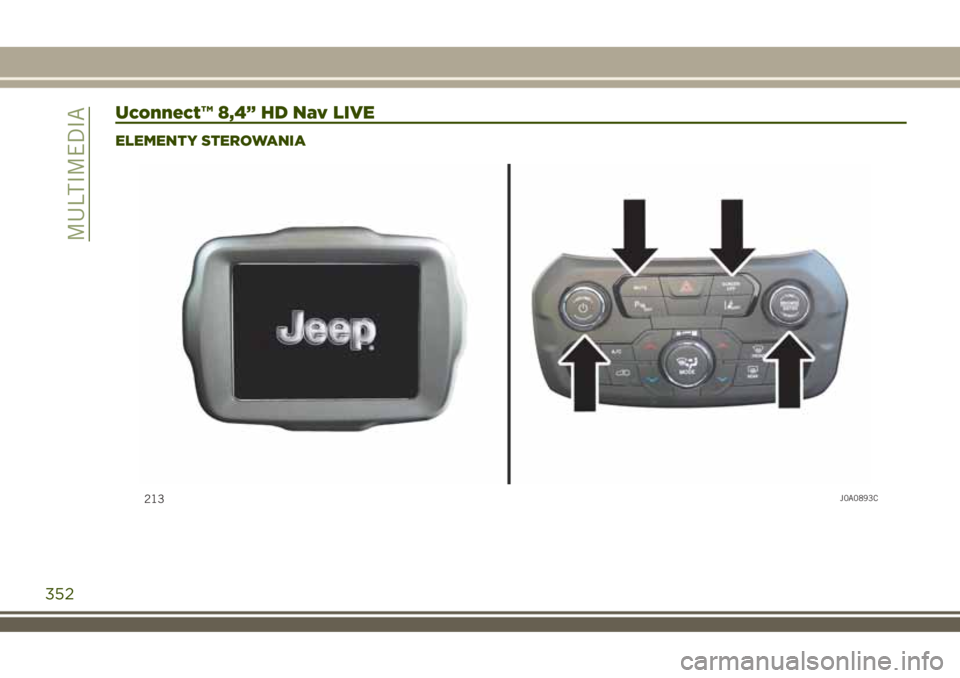 JEEP RENEGADE 2018 Instrukcja obsługi (in Polish) Uconnect™ 8,4” HD Nav LIVE
ELEMENTY STEROWANIA
213J0A0893C
352
MULTIMEDIA JEEP RENEGADE 2018 Instrukcja obsługi (in Polish) Uconnect™ 8,4” HD Nav LIVE
ELEMENTY STEROWANIA
213J0A0893C
352
MULTIMEDIA