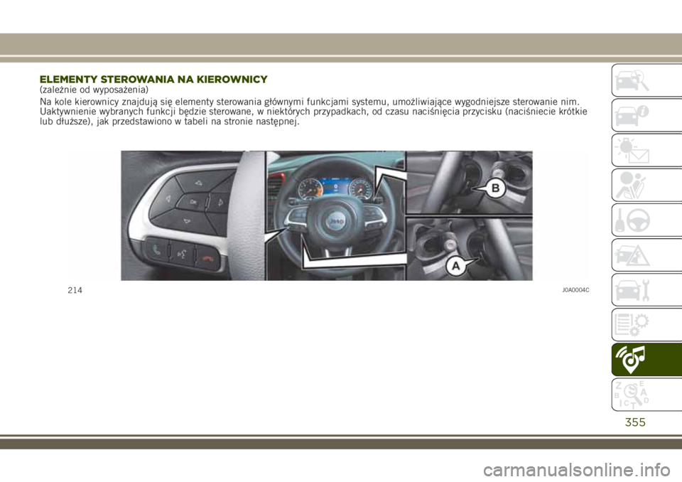 JEEP RENEGADE 2018 Instrukcja obsługi (in Polish) ELEMENTY STEROWANIA NA KIEROWNICY(zależnie od wyposażenia)
Na kole kierownicy znajdują się elementy sterowania głównymi funkcjami systemu, umożliwiające wygodniejsze sterowanie nim.
Uaktywnien JEEP RENEGADE 2018 Instrukcja obsługi (in Polish) ELEMENTY STEROWANIA NA KIEROWNICY(zależnie od wyposażenia)
Na kole kierownicy znajdują się elementy sterowania głównymi funkcjami systemu, umożliwiające wygodniejsze sterowanie nim.
Uaktywnien