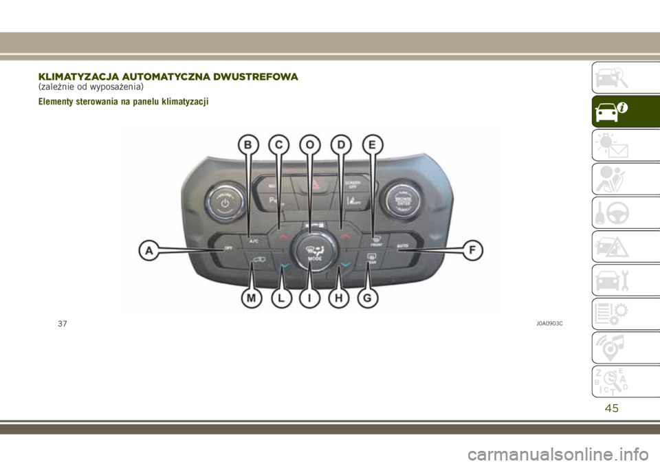 JEEP RENEGADE 2018  Instrukcja obsługi (in Polish) KLIMATYZACJA AUTOMATYCZNA DWUSTREFOWA(zależnie od wyposażenia)
Elementy sterowania na panelu klimatyzacji
37J0A0903C
45 
