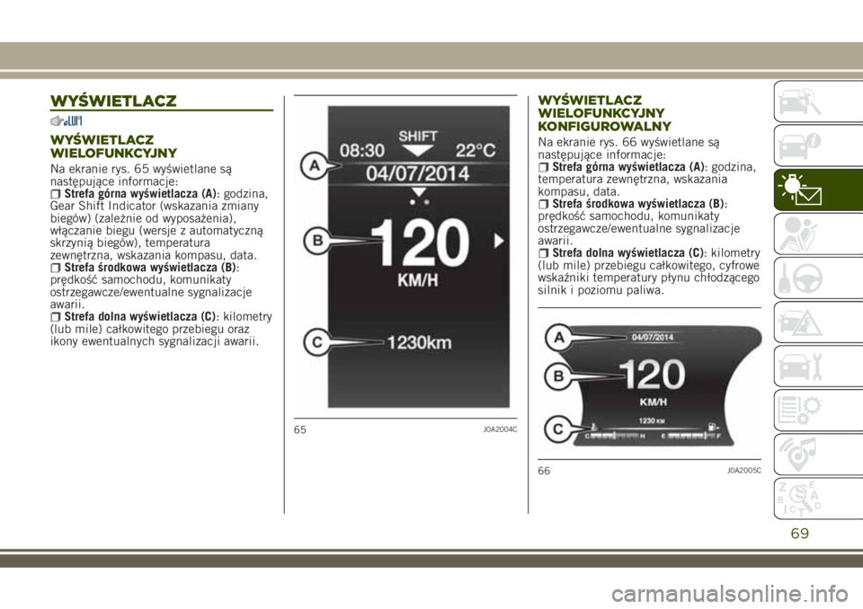 JEEP RENEGADE 2018  Instrukcja obsługi (in Polish) WYŚWIETLACZ
WYŚWIETLACZ
WIELOFUNKCYJNY
Na ekranie rys. 65 wyświetlane są
następujące informacje:
Strefa górna wyświetlacza (A): godzina,
Gear Shift Indicator (wskazania zmiany
biegów) (zależ