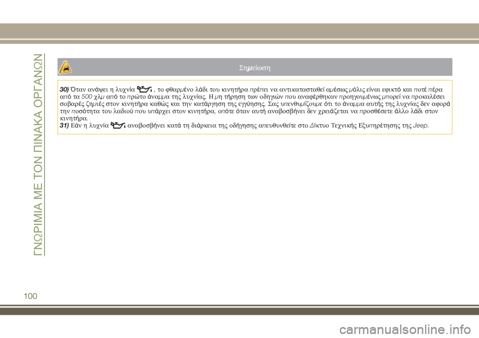 JEEP RENEGADE 2018  ΒΙΒΛΙΟ ΧΡΗΣΗΣ ΚΑΙ ΣΥΝΤΗΡΗΣΗΣ (in Greek) Σημείωση
30)Όταν ανάψει η λυχνία,το φθαρμένο λάδι του κινητήραπρέπει να αντικατασταθείαμέσωςμόλις είναι εφικ