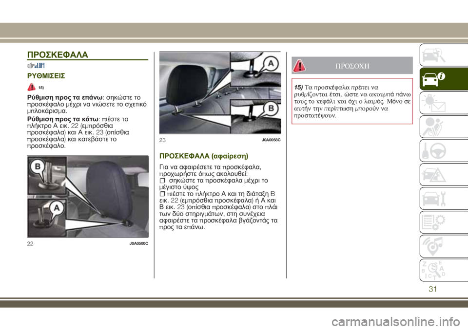 JEEP RENEGADE 2018  ΒΙΒΛΙΟ ΧΡΗΣΗΣ ΚΑΙ ΣΥΝΤΗΡΗΣΗΣ (in Greek) ΠΡΟΣΚΕΦΑΛΑ
ΡΥΘΜΙΣΕΙΣ
15)
Ρύθμισηπρος τα επάνω:σηκώστε το
προσκέφαλομέχρι να νιώσετε το σχετικό
μπλοκάρισμα.
Ρ