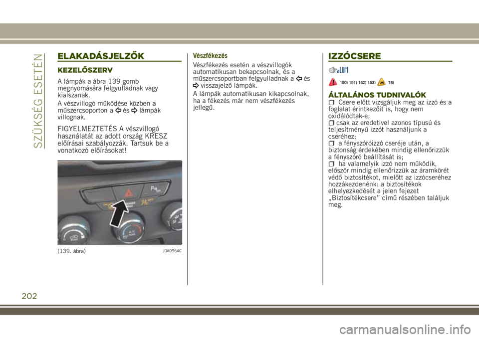 JEEP RENEGADE 2018 Kezelési és karbantartási útmutató (in Hungarian) ELAKADÁSJELZŐK
KEZELŐSZERV
A lámpák a ábra 139 gomb
megnyomására felgyulladnak vagy
kialszanak.
A vészvillogó működése közben a
műszercsoporton a
éslámpák
villognak.
FIGYELMEZTETÉS JEEP RENEGADE 2018 Kezelési és karbantartási útmutató (in Hungarian) ELAKADÁSJELZŐK
KEZELŐSZERV
A lámpák a ábra 139 gomb
megnyomására felgyulladnak vagy
kialszanak.
A vészvillogó működése közben a
műszercsoporton a
éslámpák
villognak.
FIGYELMEZTETÉS