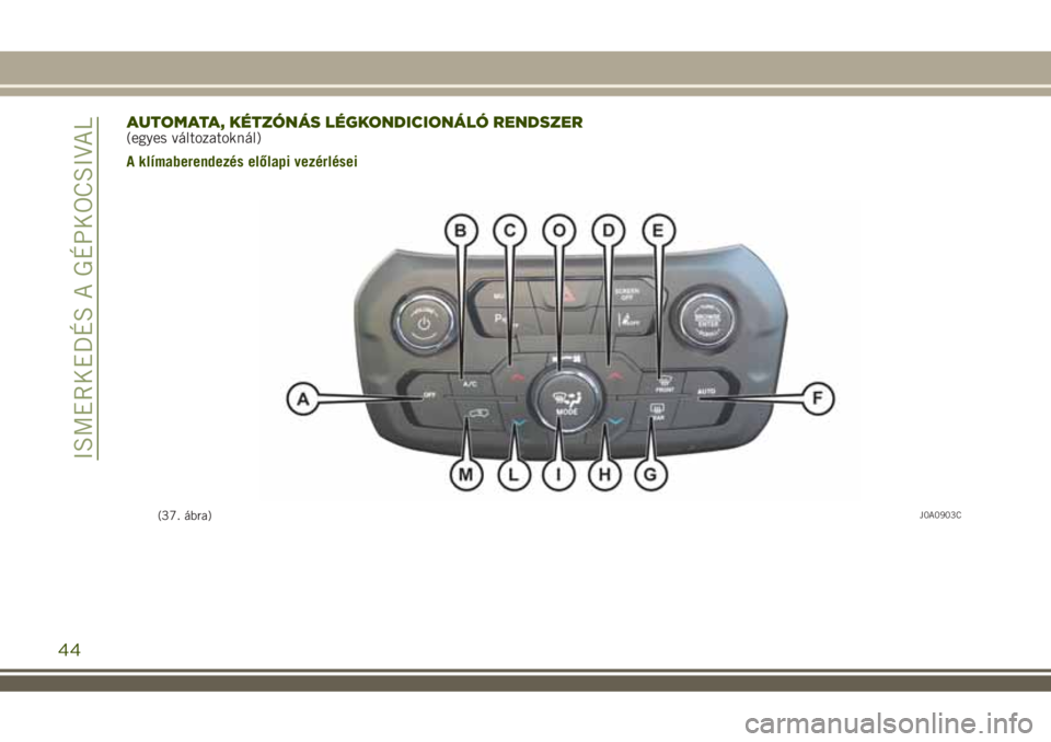 JEEP RENEGADE 2018  Kezelési és karbantartási útmutató (in Hungarian) AUTOMATA, KÉTZÓNÁS LÉGKONDICIONÁLÓ RENDSZER(egyes változatoknál)
A klímaberendezés előlapi vezérlései
(37. ábra)J0A0903C
44
ISMERKEDÉS A GÉPKOCSIVAL 