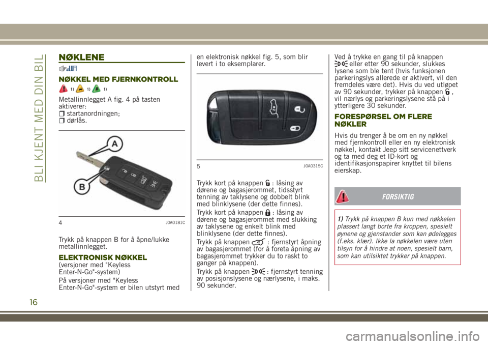 JEEP RENEGADE 2018  Drift- og vedlikeholdshåndbok (in Norwegian) NØKLENE
NØKKEL MED FJERNKONTROLL
1)1)1)
Metallinnlegget A fig. 4 på tasten
aktiverer:
startanordningen;dørlås.
Trykk på knappen B for å åpne/lukke
metallinnlegget.
ELEKTRONISK NØKKEL(versjone