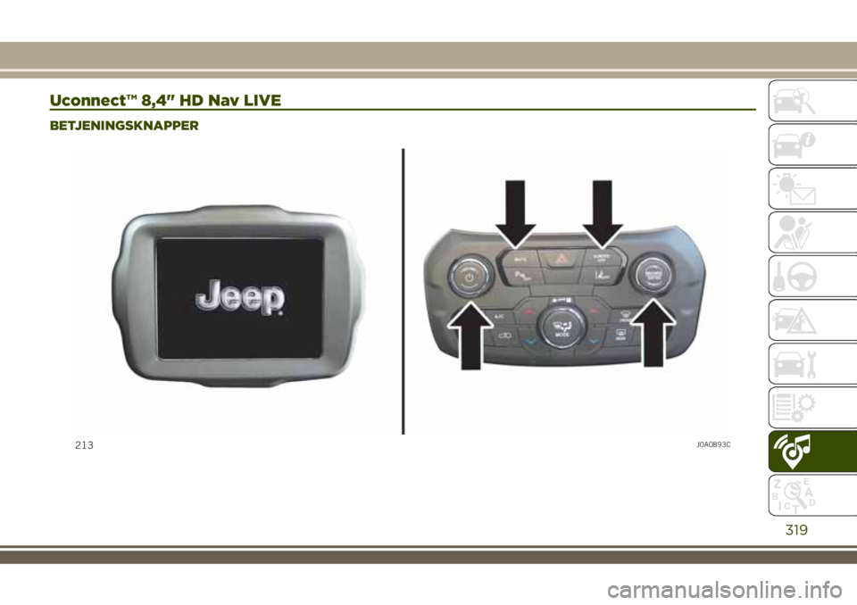 JEEP RENEGADE 2018 Drift- og vedlikeholdshåndbok (in Norwegian) Uconnect™ 8,4" HD Nav LIVE
BETJENINGSKNAPPER
213J0A0893C
319 JEEP RENEGADE 2018 Drift- og vedlikeholdshåndbok (in Norwegian) Uconnect™ 8,4" HD Nav LIVE
BETJENINGSKNAPPER
213J0A0893C
319