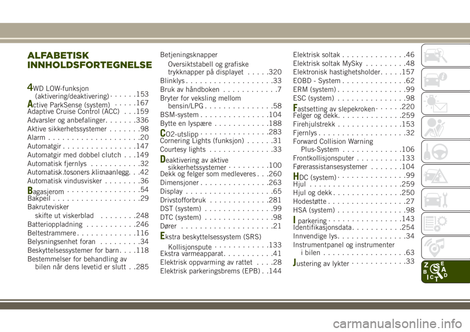 JEEP RENEGADE 2018  Drift- og vedlikeholdshåndbok (in Norwegian) ALFABETISK
INNHOLDSFORTEGNELSE
4WD LOW-funksjon
(aktivering/deaktivering)......153
Active ParkSense (system).....167
Adaptive Cruise Control (ACC) . . .159
Advarsler og anbefalinger.......336
Aktive s
