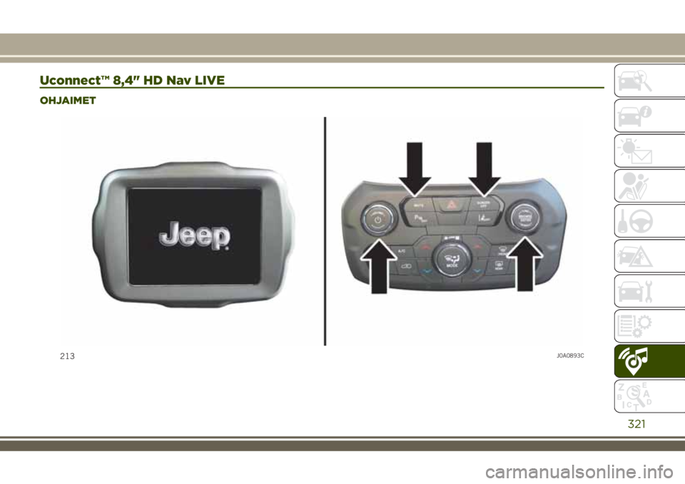 JEEP RENEGADE 2018 Käyttö- ja huolto-ohjekirja (in in Finnish) Uconnect™ 8,4" HD Nav LIVE
OHJAIMET
213J0A0893C
321 JEEP RENEGADE 2018 Käyttö- ja huolto-ohjekirja (in in Finnish) Uconnect™ 8,4" HD Nav LIVE
OHJAIMET
213J0A0893C
321