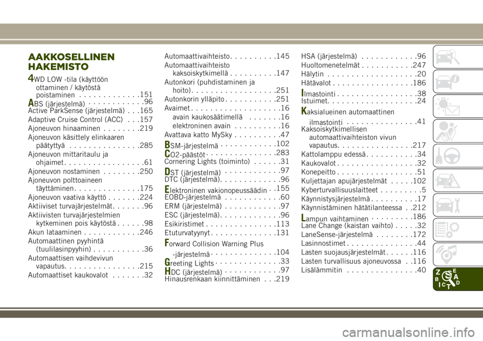 JEEP RENEGADE 2018  Käyttö- ja huolto-ohjekirja (in in Finnish) AAKKOSELLINEN
HAKEMISTO
4WD LOW -tila (käyttöön
ottaminen / käytöstä
poistaminen.............151
ABS (järjestelmä)............96
Active ParkSense (järjestelmä) . . .165
Adaptive Cruise Contr