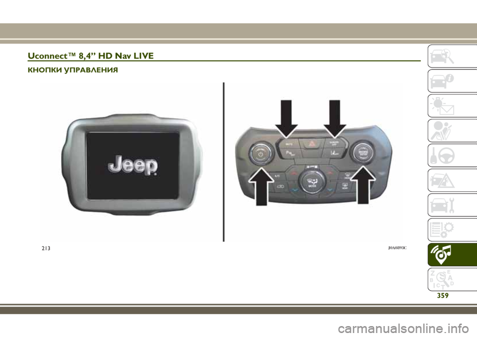 JEEP RENEGADE 2018 Руководство по эксплуатации и техобслуживанию (in Russian) Uconnect™ 8,4” HD Nav LIVE
КНОПКИ УПРАВЛЕНИЯ
213J0A0893C
359 JEEP RENEGADE 2018 Руководство по эксплуатации и техобслуживанию (in Russian) Uconnect™ 8,4” HD Nav LIVE
КНОПКИ УПРАВЛЕНИЯ
213J0A0893C
359