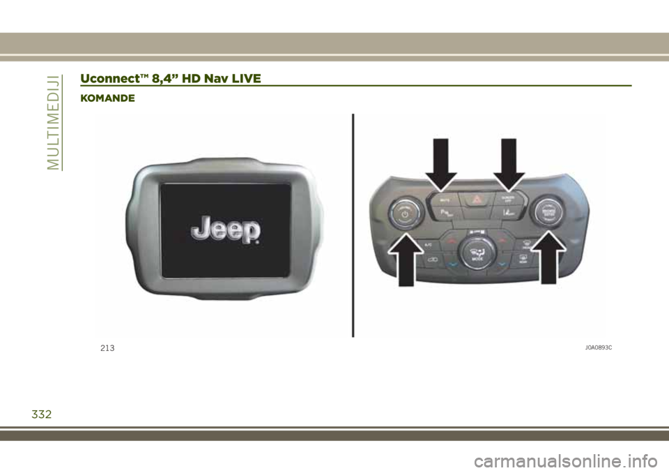 JEEP RENEGADE 2018  Knjižica za upotrebu i održavanje (in Serbian) Uconnect™ 8,4” HD Nav LIVE
KOMANDE
213J0A0893C
332
MULTIMEDIJI 