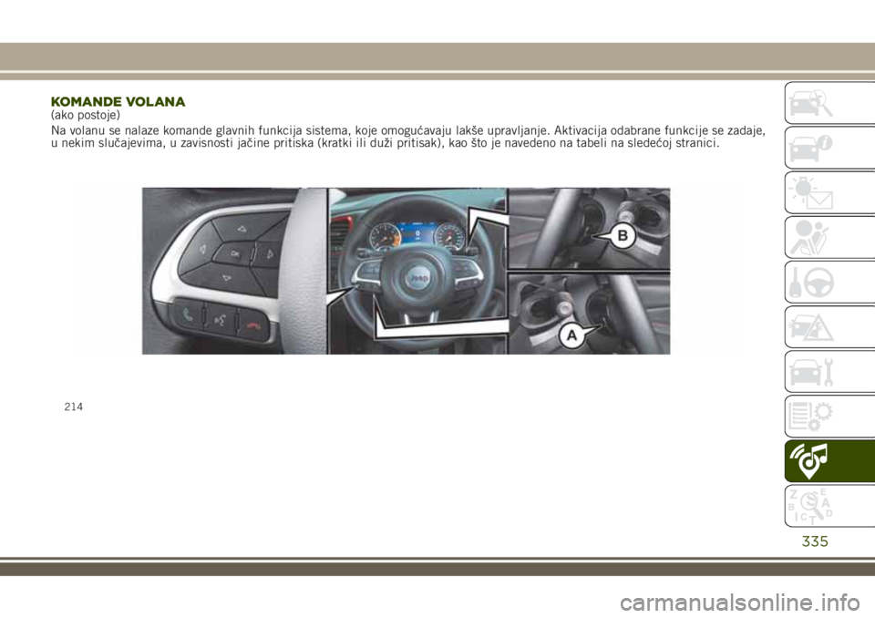 JEEP RENEGADE 2018  Knjižica za upotrebu i održavanje (in Serbian) KOMANDE VOLANA(ako postoje)
Na volanu se nalaze komande glavnih funkcija sistema, koje omogućavaju lakše upravljanje. Aktivacija odabrane funkcije se zadaje,
u nekim slučajevima, u zavisnosti jači