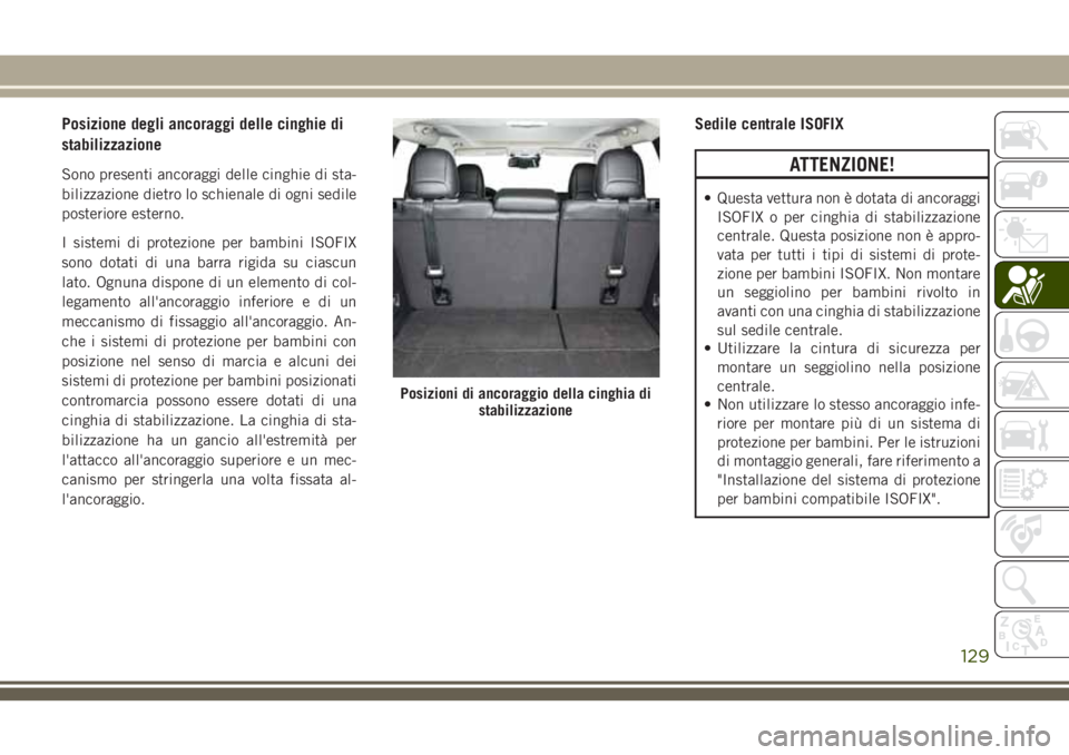 JEEP CHEROKEE 2018  Libretto Uso Manutenzione (in Italian) Posizione degli ancoraggi delle cinghie di
stabilizzazione
Sono presenti ancoraggi delle cinghie di sta-
bilizzazione dietro lo schienale di ogni sedile
posteriore esterno.
I sistemi di protezione per