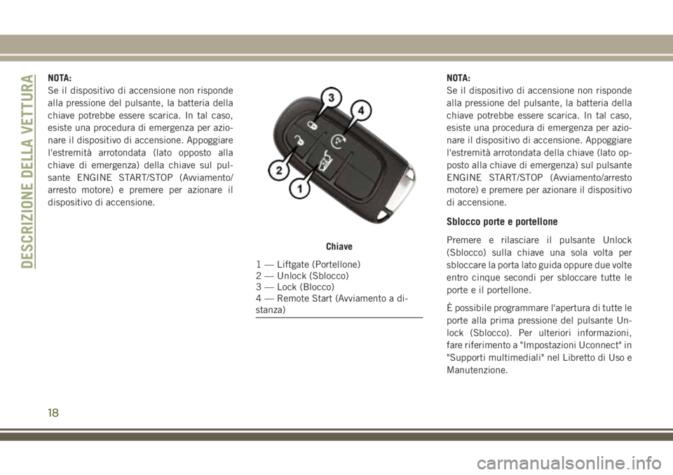 JEEP CHEROKEE 2018 Libretto Uso Manutenzione (in Italian) NOTA:
Se il dispositivo di accensione non risponde
alla pressione del pulsante, la batteria della
chiave potrebbe essere scarica. In tal caso,
esiste una procedura di emergenza per azio-
nare il dispo JEEP CHEROKEE 2018 Libretto Uso Manutenzione (in Italian) NOTA:
Se il dispositivo di accensione non risponde
alla pressione del pulsante, la batteria della
chiave potrebbe essere scarica. In tal caso,
esiste una procedura di emergenza per azio-
nare il dispo