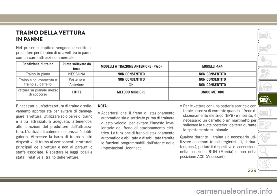 JEEP CHEROKEE 2018  Libretto Uso Manutenzione (in Italian) TRAINO DELLA VETTURA
IN PANNE
Nel presente capitolo vengono descritte le
procedure per il traino di una vettura in panne
con un carro attrezzi commerciale.
Condizione di traino Ruote sollevate da
terr