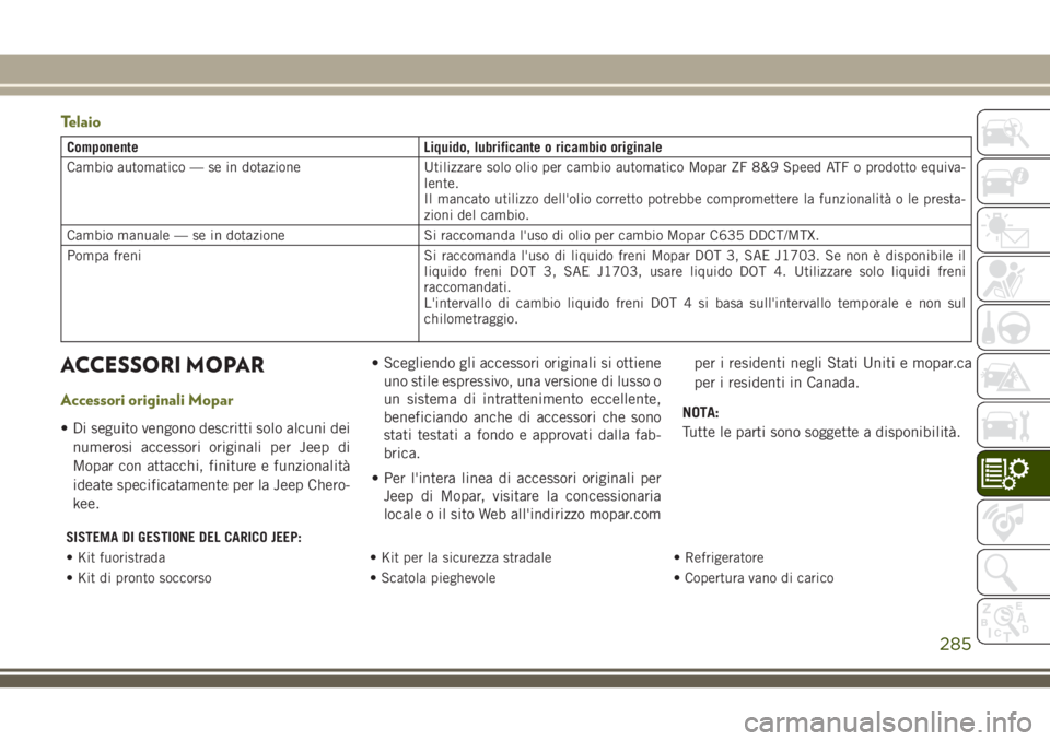 JEEP CHEROKEE 2018 Libretto Uso Manutenzione (in Italian) Telaio
Componente Liquido, lubrificante o ricambio originale
Cambio automatico — se in dotazione Utilizzare solo olio per cambio automatico Mopar ZF 8&9 Speed ATF o prodotto equiva-
lente.
Il mancat JEEP CHEROKEE 2018 Libretto Uso Manutenzione (in Italian) Telaio
Componente Liquido, lubrificante o ricambio originale
Cambio automatico — se in dotazione Utilizzare solo olio per cambio automatico Mopar ZF 8&9 Speed ATF o prodotto equiva-
lente.
Il mancat