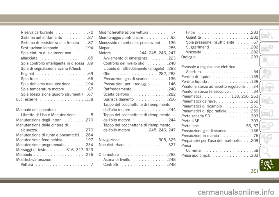 JEEP CHEROKEE 2018 Libretto Uso Manutenzione (in Italian) Riserva carburante............72
Sistema antislittamento.........87
Sistema di assistenza alla frenata . . .87
Sostituzione lampade..........194
Spia cintura di sicurezza non
allacciata............... JEEP CHEROKEE 2018 Libretto Uso Manutenzione (in Italian) Riserva carburante............72
Sistema antislittamento.........87
Sistema di assistenza alla frenata . . .87
Sostituzione lampade..........194
Spia cintura di sicurezza non
allacciata...............