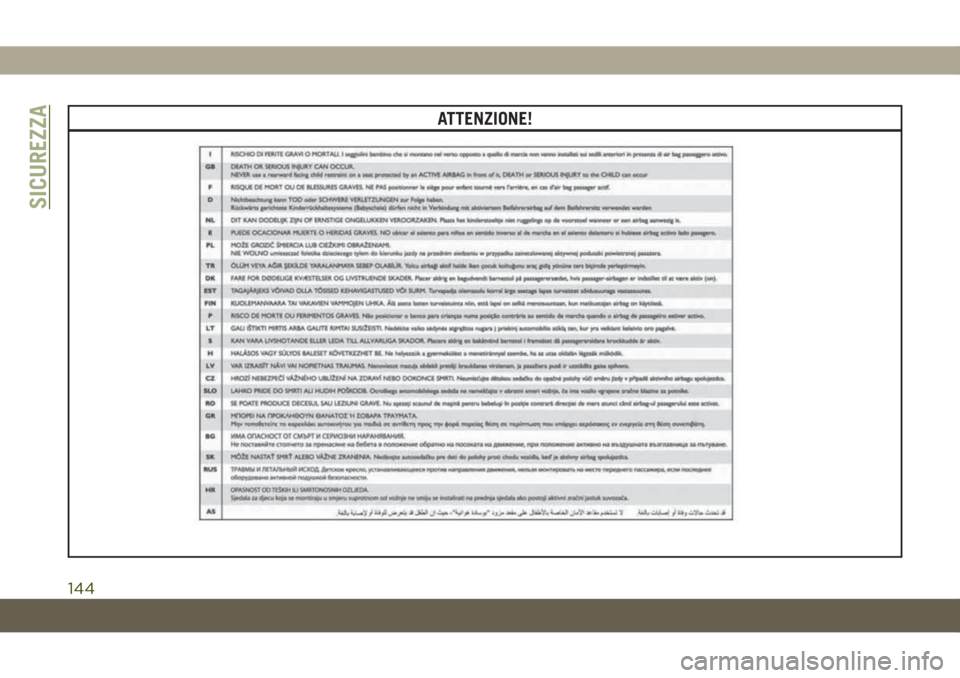 JEEP CHEROKEE 2019  Libretto Uso Manutenzione (in Italian) ATTENZIONE!
SICUREZZA
144 