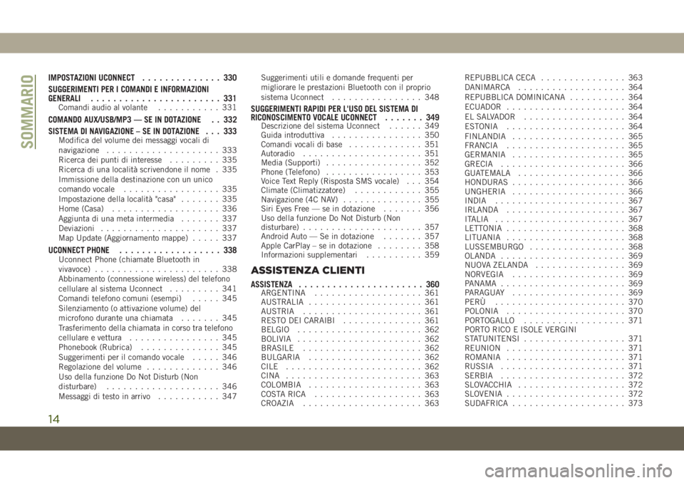 JEEP CHEROKEE 2019  Libretto Uso Manutenzione (in Italian) IMPOSTAZIONI UCONNECT.............. 330
SUGGERIMENTI PER I COMANDI E INFORMAZIONI
GENERALI....................... 331
Comandi audio al volante........... 331
COMANDO AUX/USB/MP3 — SE IN DOTAZIONE . 