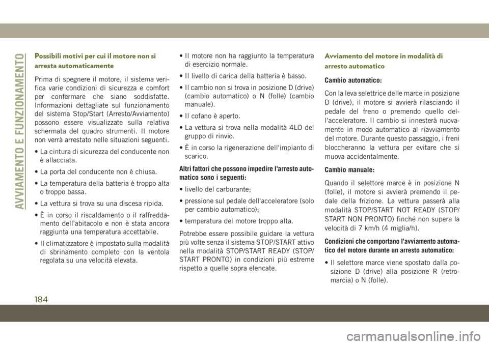 JEEP CHEROKEE 2019  Libretto Uso Manutenzione (in Italian) Possibili motivi per cui il motore non si
arresta automaticamente
Prima di spegnere il motore, il sistema veri-
fica varie condizioni di sicurezza e comfort
per confermare che siano soddisfatte.
Infor