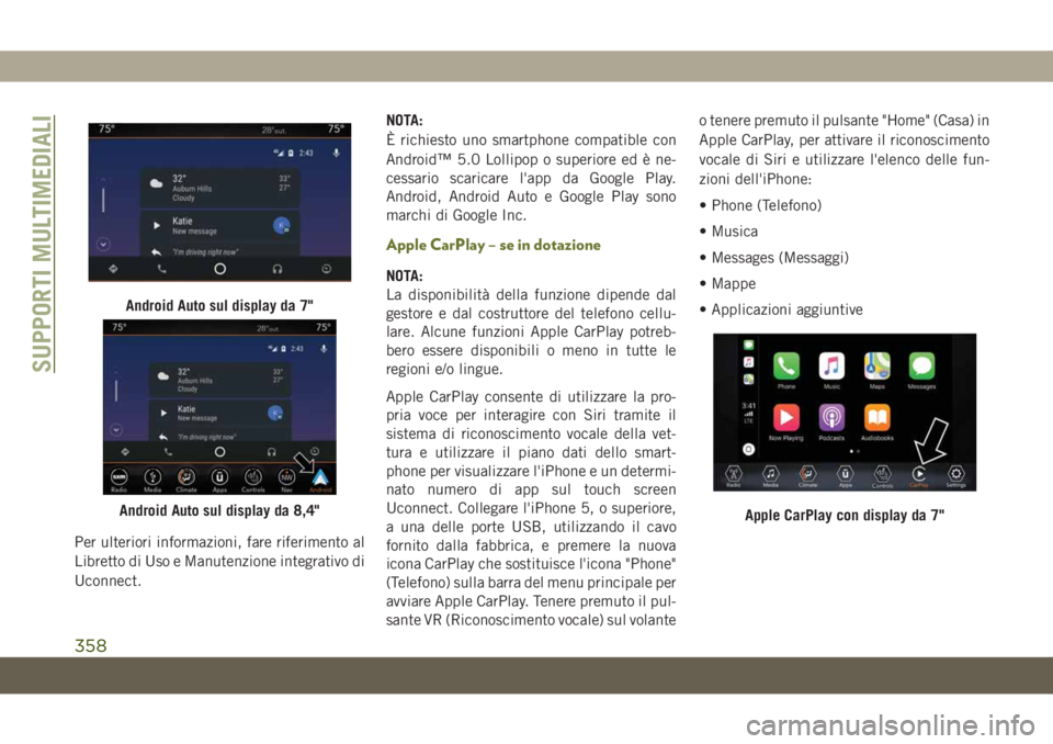 JEEP CHEROKEE 2019 Libretto Uso Manutenzione (in Italian) Per ulteriori informazioni, fare riferimento al
Libretto di Uso e Manutenzione integrativo di
Uconnect.NOTA:
È richiesto uno smartphone compatible con
Android™ 5.0 Lollipop o superiore ed è ne-
ce JEEP CHEROKEE 2019 Libretto Uso Manutenzione (in Italian) Per ulteriori informazioni, fare riferimento al
Libretto di Uso e Manutenzione integrativo di
Uconnect.NOTA:
È richiesto uno smartphone compatible con
Android™ 5.0 Lollipop o superiore ed è ne-
ce