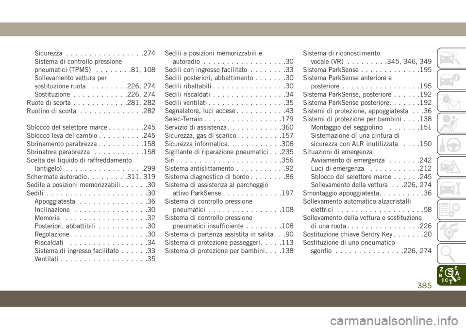 JEEP CHEROKEE 2019  Libretto Uso Manutenzione (in Italian) Sicurezza.................274
Sistema di controllo pressione
pneumatici (TPMS)........81, 108
Sollevamento vettura per
sostituzione ruota........226, 274
Sostituzione............226, 274
Ruote di scor