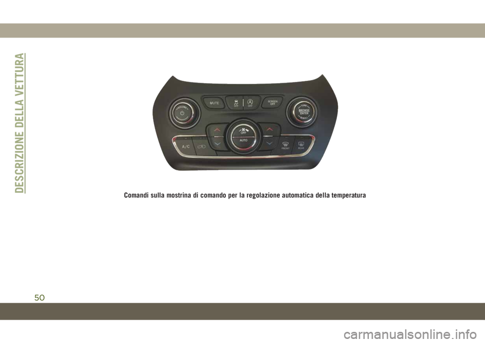 JEEP CHEROKEE 2019 Libretto Uso Manutenzione (in Italian) Comandi sulla mostrina di comando per la regolazione automatica della temperaturaDESCRIZIONE DELLA VETTURA
50 JEEP CHEROKEE 2019 Libretto Uso Manutenzione (in Italian) Comandi sulla mostrina di comando per la regolazione automatica della temperaturaDESCRIZIONE DELLA VETTURA
50