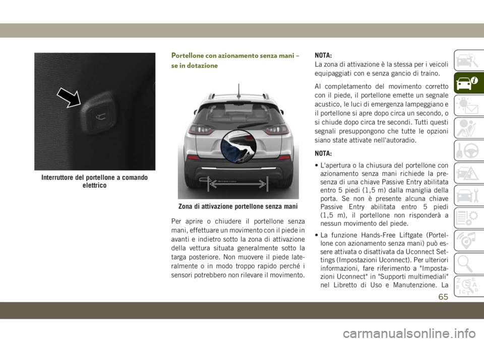 JEEP CHEROKEE 2019 Libretto Uso Manutenzione (in Italian) Portellone con azionamento senza mani –
se in dotazione
Per aprire o chiudere il portellone senza
mani, effettuare un movimento con il piede in
avanti e indietro sotto la zona di attivazione
della v JEEP CHEROKEE 2019 Libretto Uso Manutenzione (in Italian) Portellone con azionamento senza mani –
se in dotazione
Per aprire o chiudere il portellone senza
mani, effettuare un movimento con il piede in
avanti e indietro sotto la zona di attivazione
della v