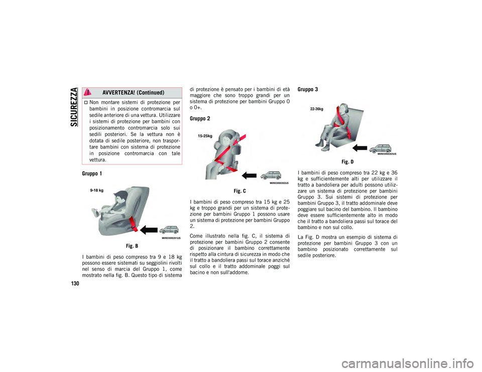 JEEP CHEROKEE 2021 Libretto Uso Manutenzione (in Italian) SICUREZZA
130
Gruppo 1
Fig. B
I bambini di peso compreso tra 9 e 18 kg
possono essere sistemati su seggiolini rivolti
nel senso di marcia del Gruppo 1, come
mostrato nella fig. B. Ques JEEP CHEROKEE 2021 Libretto Uso Manutenzione (in Italian) SICUREZZA
130
Gruppo 1
Fig. B
I bambini di peso compreso tra 9 e 18 kg
possono essere sistemati su seggiolini rivolti
nel senso di marcia del Gruppo 1, come
mostrato nella fig. B. Ques