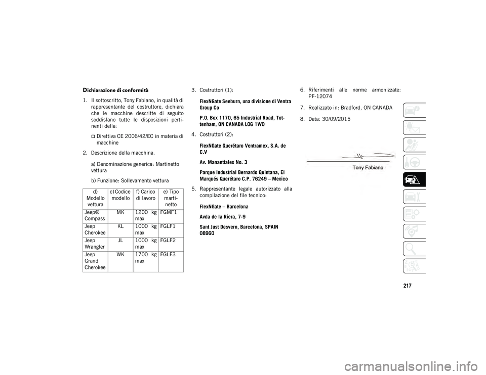 JEEP CHEROKEE 2021  Libretto Uso Manutenzione (in Italian) 217
Dichiarazione di conformità
1. Il sottoscritto, Tony Fabiano, in qualità dirappresentante  del  costruttore,  dichiara
che  le  macchine  descritte  di  seguito
soddisfano  tutte  le  disposizio