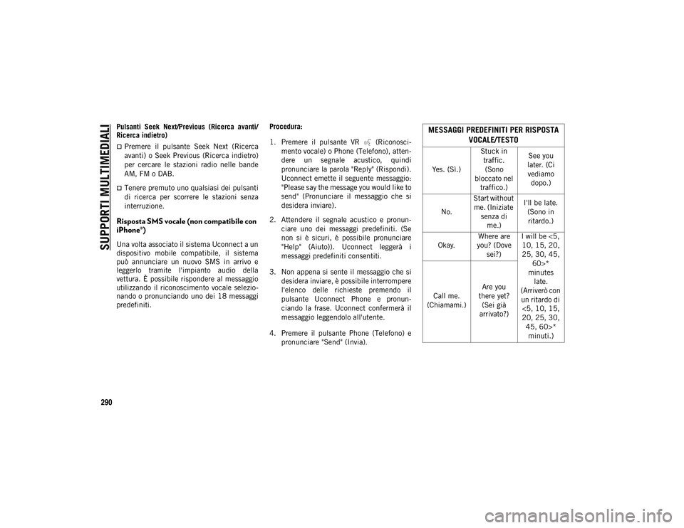 JEEP CHEROKEE 2020  Libretto Uso Manutenzione (in Italian) SUPPORTI MULTIMEDIALI
290
Pulsanti  Seek  Next/Previous  (Ricerca  avanti/
Ricerca indietro) 
Premere  il  pulsante  Seek  Next  (Ricerca
avanti) o Seek Previous  (Ricerca  indietro)
per  cercare  