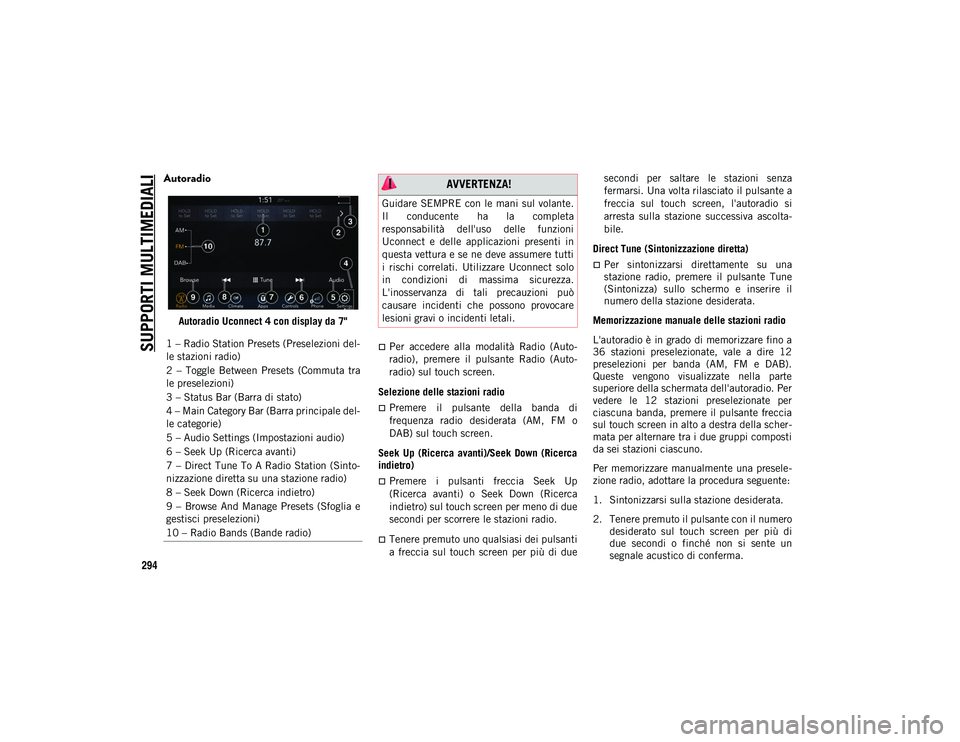 JEEP CHEROKEE 2021 Libretto Uso Manutenzione (in Italian) SUPPORTI MULTIMEDIALI
294
Autoradio
Autoradio Uconnect 4 con display da 7"
Per accedere alla modalità Radio (Auto-
radio), premere il pulsante Radio (Auto-
radio) sul touch screen.
JEEP CHEROKEE 2021 Libretto Uso Manutenzione (in Italian) SUPPORTI MULTIMEDIALI
294
Autoradio
Autoradio Uconnect 4 con display da 7"
Per accedere alla modalità Radio (Auto-
radio), premere il pulsante Radio (Auto-
radio) sul touch screen.