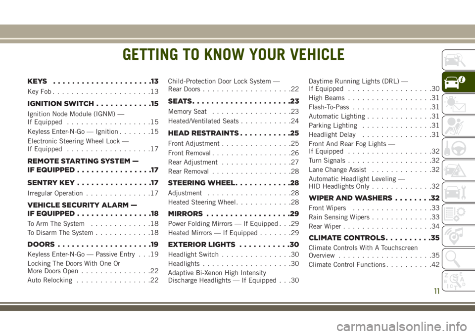JEEP CHEROKEE 2018 Owner handbook (in English) GETTING TO KNOW YOUR VEHICLE
KEYS .....................13
KeyFob.....................13
IGNITION SWITCH............15
Ignition Node Module (IGNM) —
If Equipped..................15
Keyless Enter-N-Go JEEP CHEROKEE 2018 Owner handbook (in English) GETTING TO KNOW YOUR VEHICLE
KEYS .....................13
KeyFob.....................13
IGNITION SWITCH............15
Ignition Node Module (IGNM) —
If Equipped..................15
Keyless Enter-N-Go