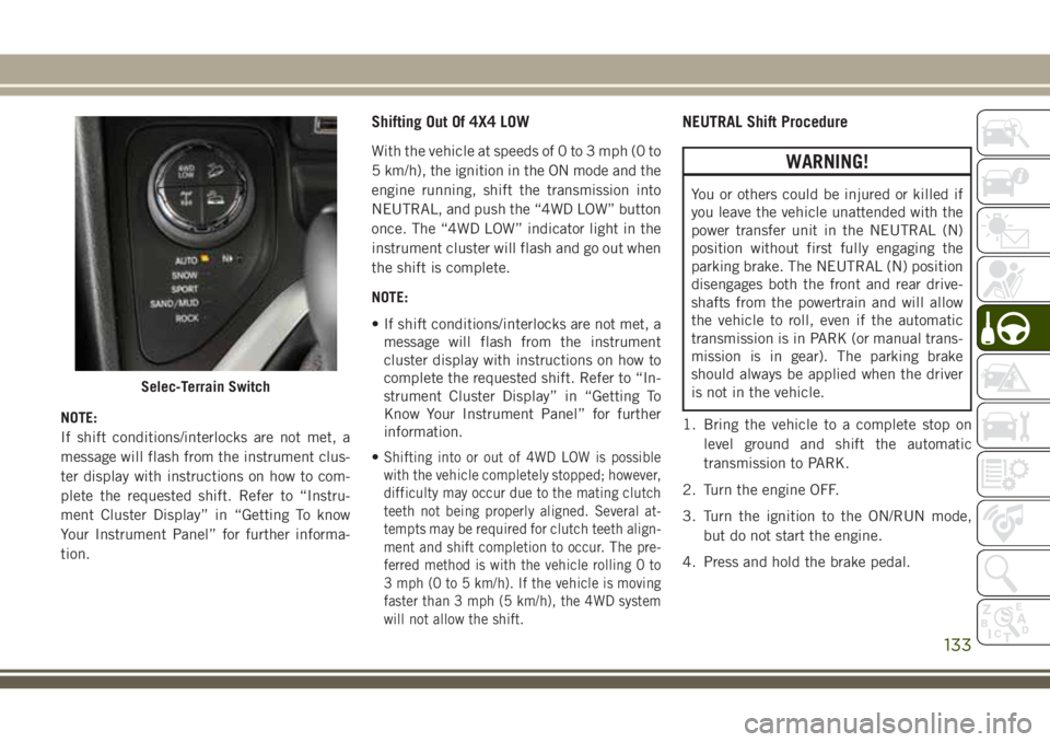 JEEP CHEROKEE 2018 Owner handbook (in English) NOTE:
If shift conditions/interlocks are not met, a
message will flash from the instrument clus-
ter display with instructions on how to com-
plete the requested shift. Refer to “Instru-
ment Cluste JEEP CHEROKEE 2018 Owner handbook (in English) NOTE:
If shift conditions/interlocks are not met, a
message will flash from the instrument clus-
ter display with instructions on how to com-
plete the requested shift. Refer to “Instru-
ment Cluste